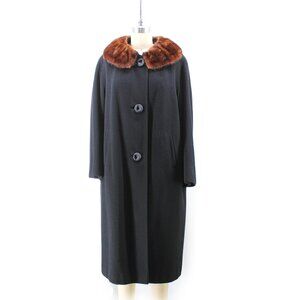 Vintage Black Cashmere Coat w/ Mink Collar Peter Pan Mod Swing Style Medium